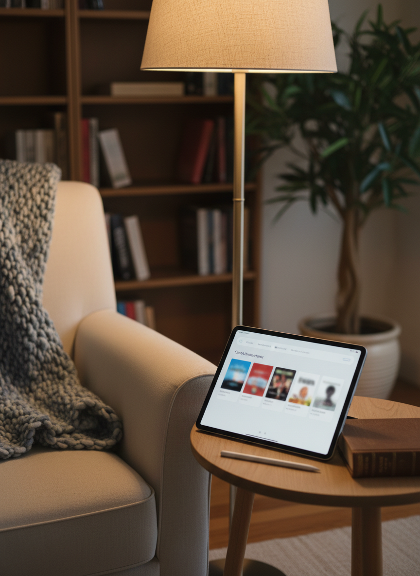 A cozy reading nook with a high-resolution tablet resting on a small side table, its screen displaying a simplified e-book library interface with large cover thumbnails and a clean navigation bar, all slightly blurred to avoid legible titles. Next to the tablet lies a classic hardback book and a slim stylus. A soft wool throw drapes over an armchair, and a floor lamp with a fabric shade casts warm, inviting light that gently reflects off the tablet’s glass surface. In the background, a bookcase and a potted plant are tastefully out of focus. Photographic realism, captured from a three-quarter angle, emphasizes the harmony between traditional reading and modern digital tools for lifelong learning.