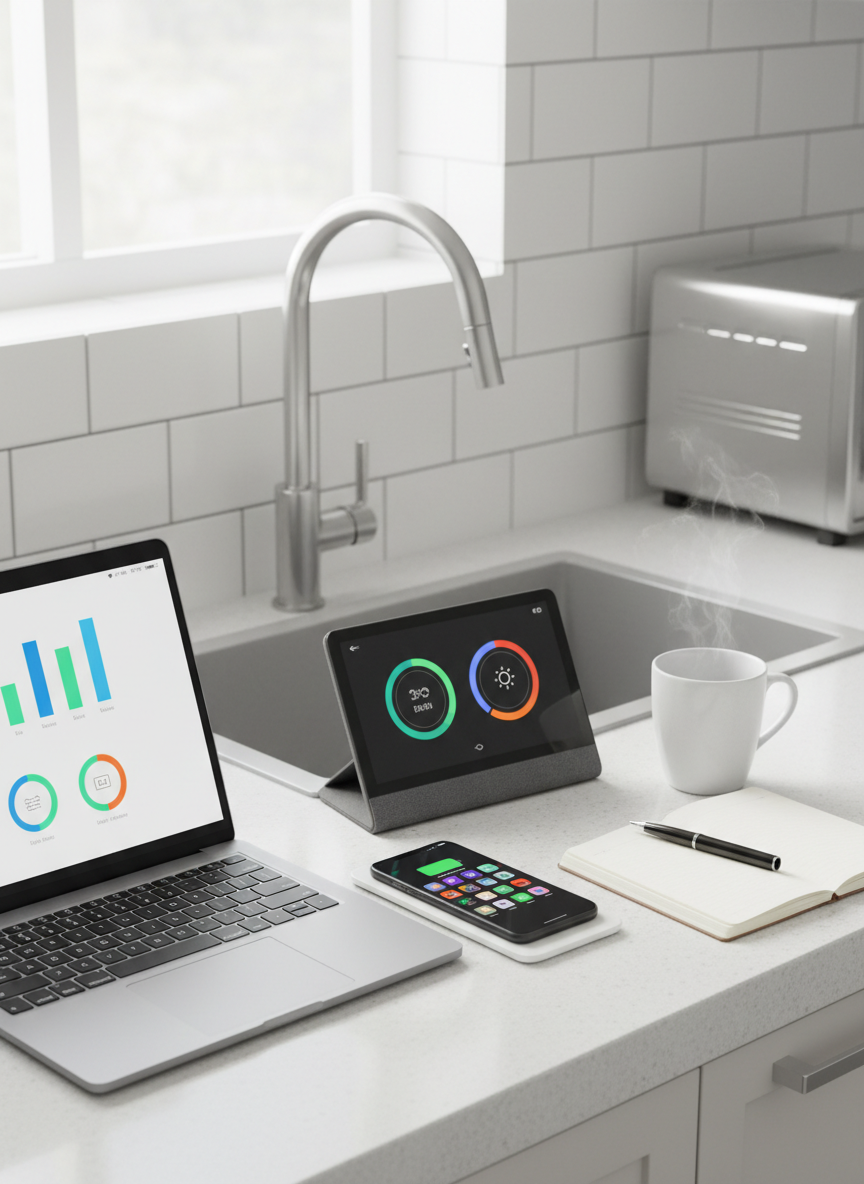A tidy, bright kitchen countertop with an open laptop, a smartphone on a slim wireless charging pad, and a small smart display angled toward the viewer, each screen showing simplified, colorful icons and charts without readable text. A ceramic mug with rising steam sits beside a notepad and pen, suggesting planning and productivity. The backsplash is clean white subway tile, and a window above the sink lets in soft morning sunlight, creating subtle highlights on stainless steel appliances and gentle reflections on the glass surfaces. Photographic realism, shot from a slightly elevated angle with balanced composition, conveys a sense of organized, everyday smart living, emphasizing technology as a natural, helpful presence rather than a distraction.