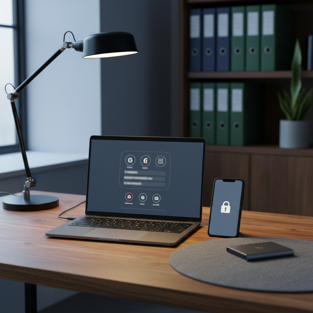A sturdy wooden desk with a matte-finish laptop open to a large, uncluttered browser window displaying a stylized password manager interface, with icons and blurred-out fields implying security without legible data. Beside it, a smartphone shows a simple padlock symbol on its screen, and a small external drive rests on a felt desk mat. A modern task lamp casts warm, focused light across the workspace, contrasting gently with cool ambient light from a nearby window. In the background, slightly out of focus, a bookcase with neatly arranged binders and a small green plant adds texture. Photographic realism, composed using the rule of thirds, communicates online safety and digital confidence in a calm, professional atmosphere.