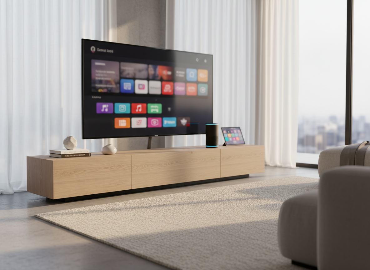 A sleek, modern living room centered around a large, thin-framed smart TV displaying a clear, colorful home screen with app icons and streaming options, the interface shown in soft focus to avoid legible text. A compact smart speaker and a tablet rest neatly on a light oak media console, their glowing screens suggesting voice control and simple navigation. The room features neutral tones, a textured wool rug, and a few well-chosen books, evoking sophistication without clutter. Soft afternoon light filters through sheer curtains, casting gentle shadows and subtle reflections on the screens. Photographic realism, eye-level composition with a shallow depth of field keeps the main devices crisp while the background falls into a calm, elegant blur, creating an atmosphere of relaxed, confident smart living.