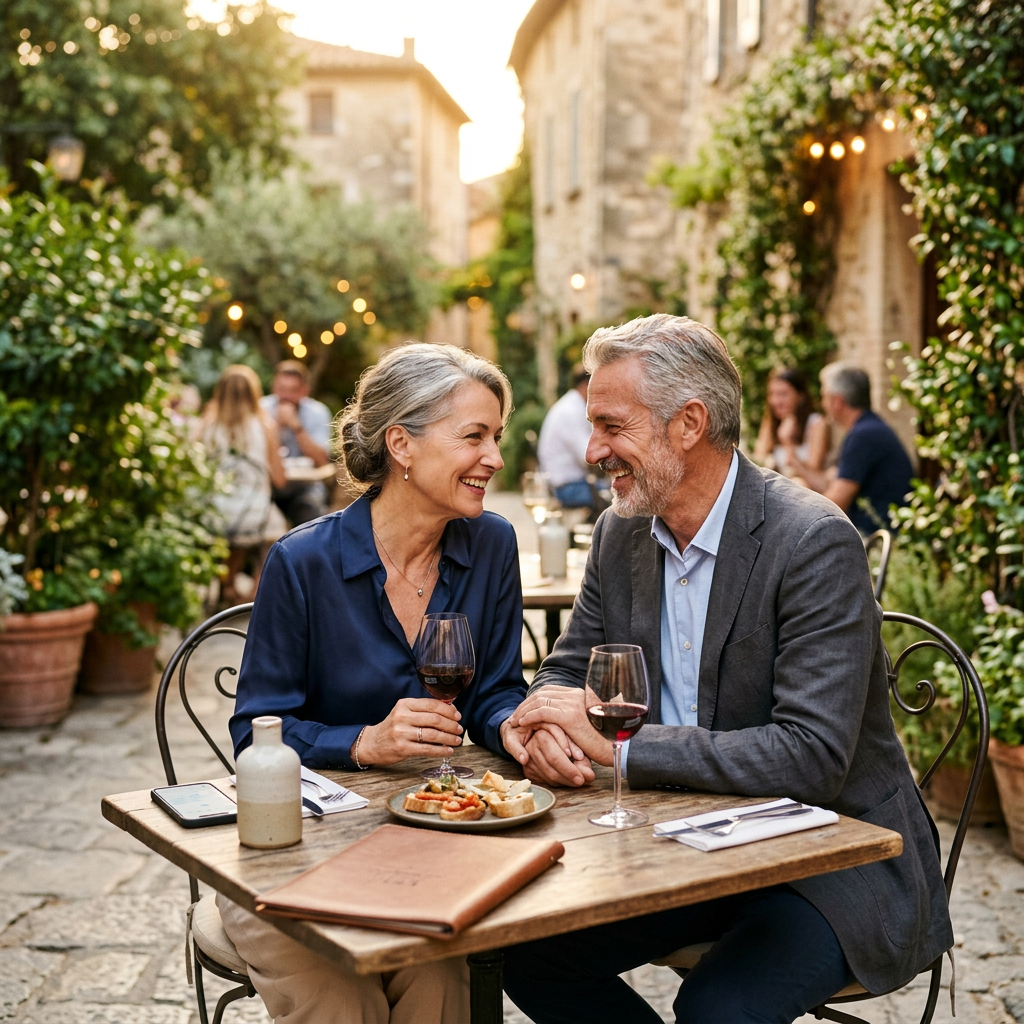 Couple sharing wine and conversation at an outdoor courtyard table
