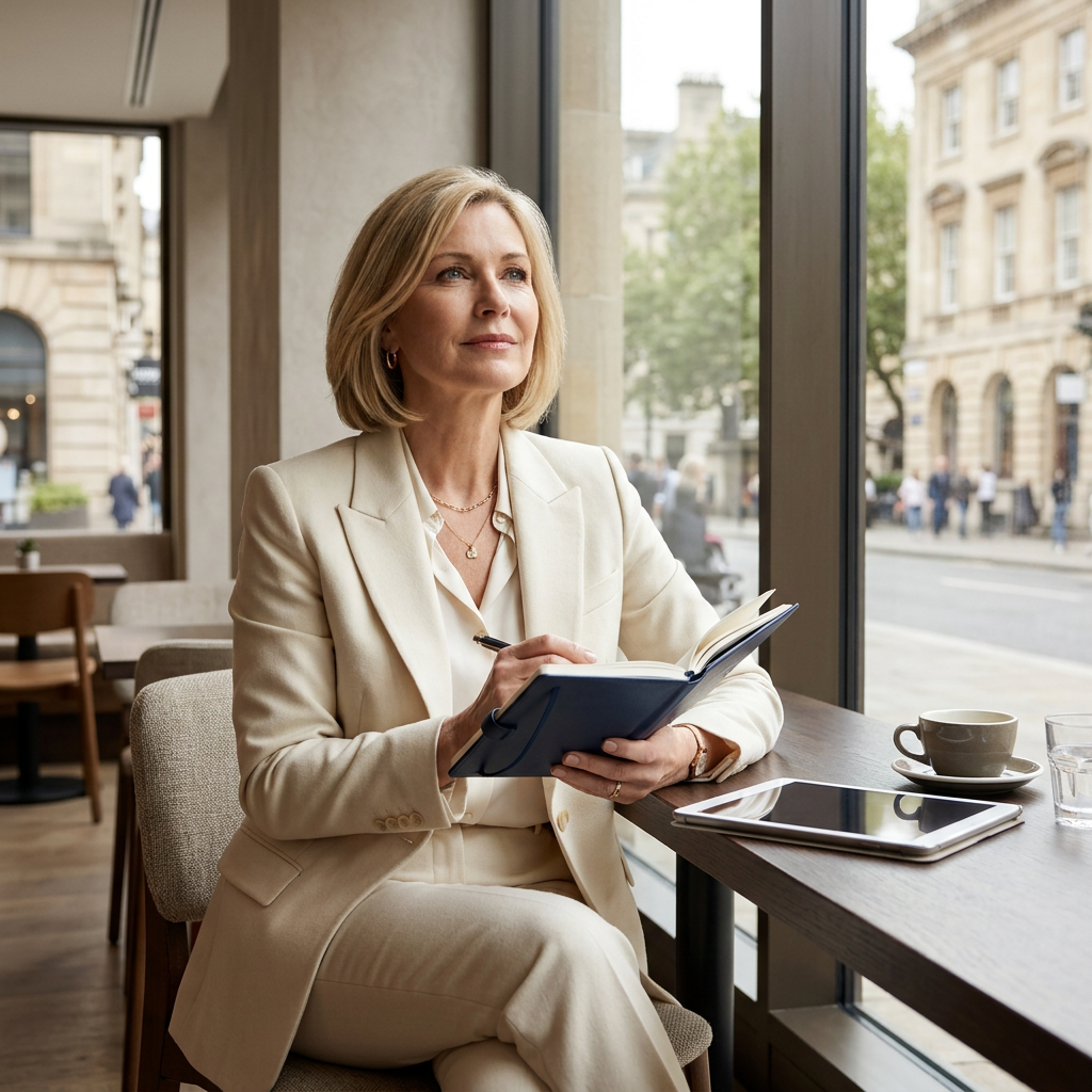 Confident blonde woman in modern cafe