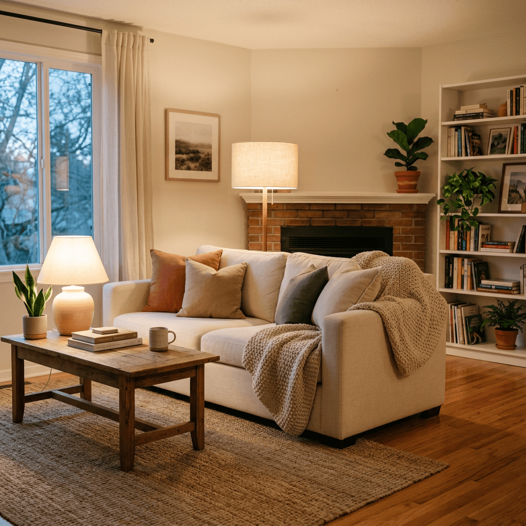 Cozy living room with sofa, coffee table, fireplace, bookshelves, and plants