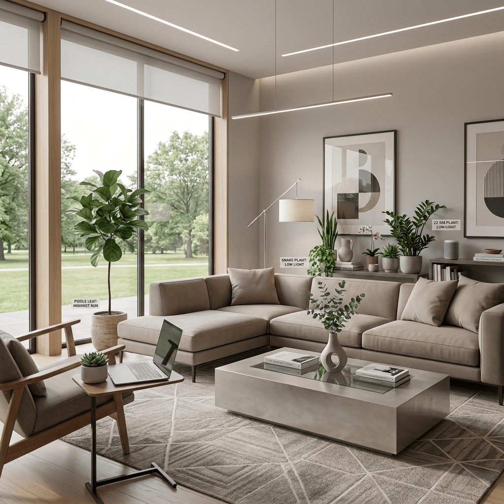 Modern living room with prominent green plants